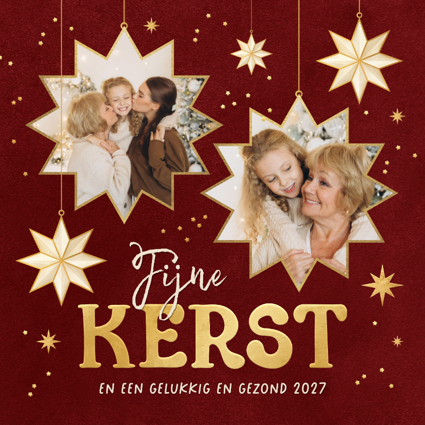 Kerstkaarten - Kerstkaart sterren fotokaders sprankelend rood fijne kerst