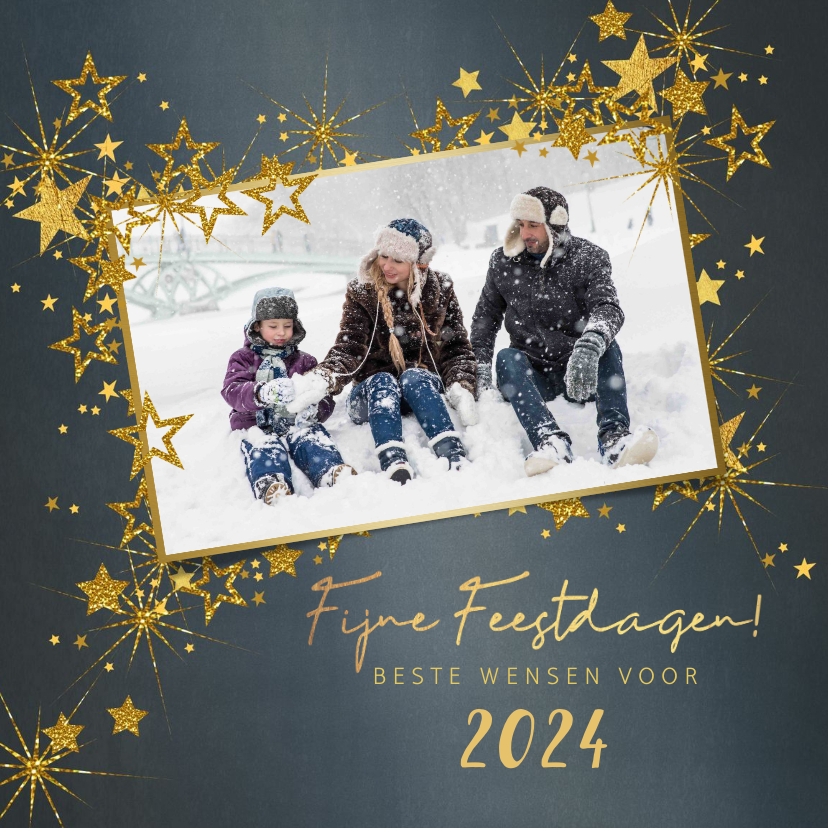 Kerstkaart stijlvol blauw met foto en goud Kaartje2go
