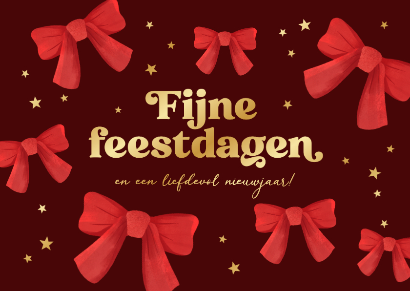 Kerstkaart stijlvol fijne feestdagen sterren strikjes goud - Kerstkaarten Kerstkaarten - Kerstkaart stijlvol fijne feestdagen sterren strikjes goud
