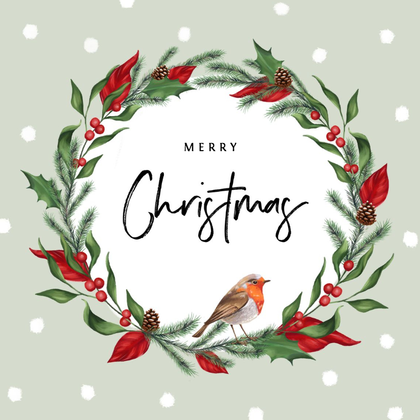 Kerstkaart stijlvol met kerstblaadjes en roodborstje - Kerstkaarten Kerstkaarten - Kerstkaart stijlvol met kerstblaadjes en roodborstje