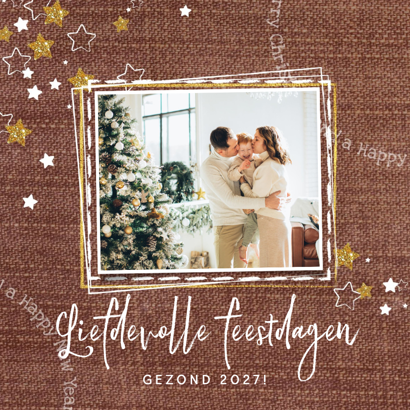 Kerstkaart stijlvol stoere achtergrond, sterren en foto - Kerstkaarten Kerstkaarten - Kerstkaart stijlvol stoere achtergrond, sterren en foto