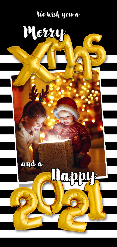 Kerstkaart streep zwart wit ballonnen goud xmas - Kerstkaarten Kerstkaarten - Kerstkaart streep zwart wit ballonnen goud xmas