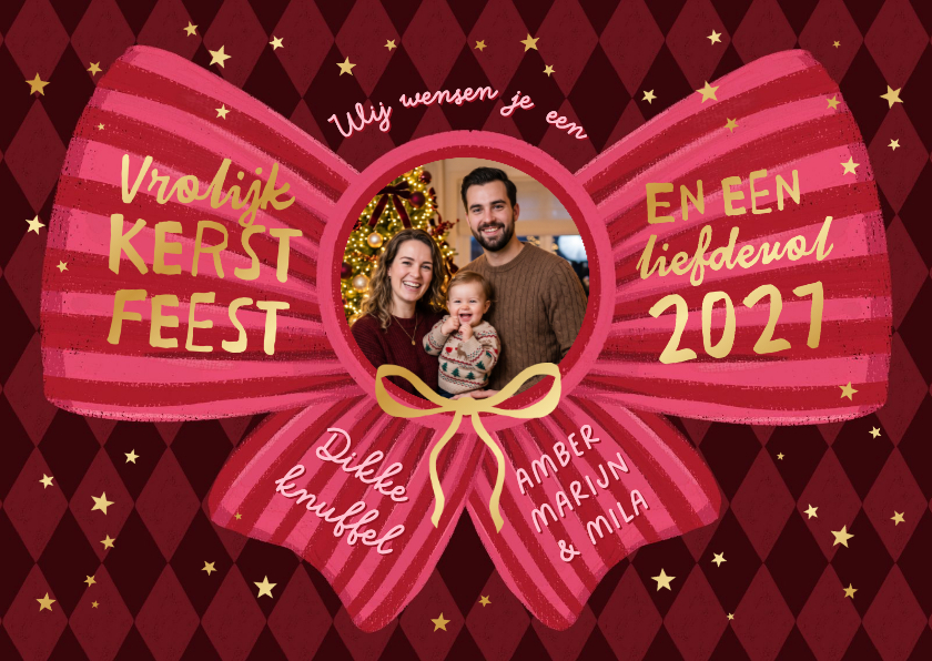 Kerstkaarten - Kerstkaart strik hip roze rood goud sterretjes foto