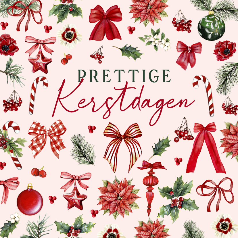 Kerstkaarten - Kerstkaart strikjes en kerstballen met kersttakken