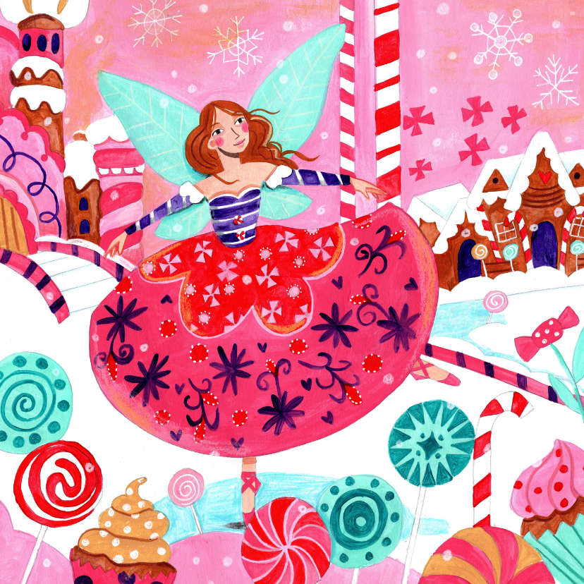 Kerstkaarten - Kerstkaart sugar plum fairy ballerina in de sneeuw