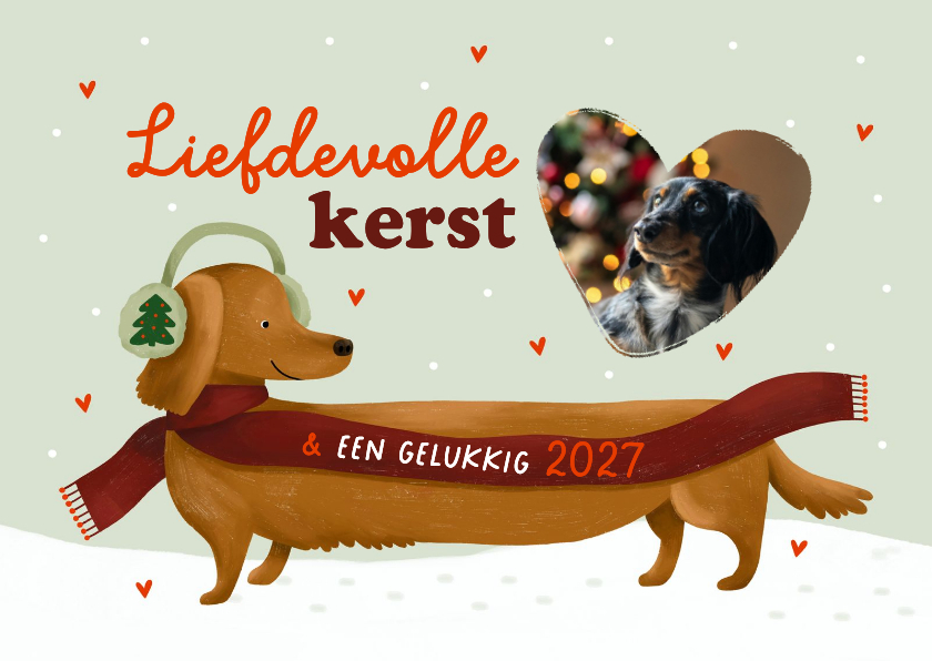Kerstkaarten - Kerstkaart teckel hartjes sjaal sneeuw met foto