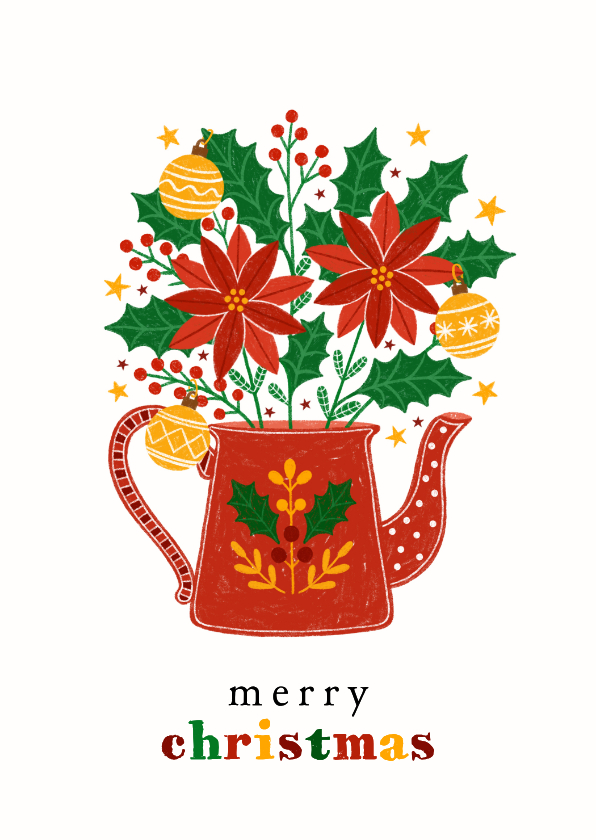 Kerstkaarten - Kerstkaart theepot kerstbloemen