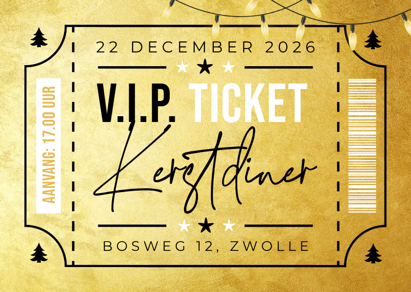 Kerstkaarten - Kerstkaart ticket kerstdiner goud VIP party