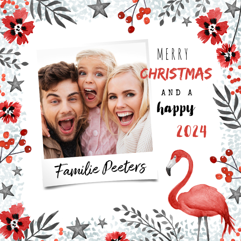 Kerstkaart trend flamingo rood winter bloemen foto - Kerstkaarten Kerstkaarten - Kerstkaart trend flamingo rood winter bloemen foto
