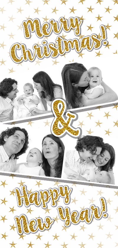 Kerstkaart trendy foto gouden glitter tekst en sterren - Kerstkaarten Kerstkaarten - Kerstkaart trendy foto gouden glitter tekst en sterren