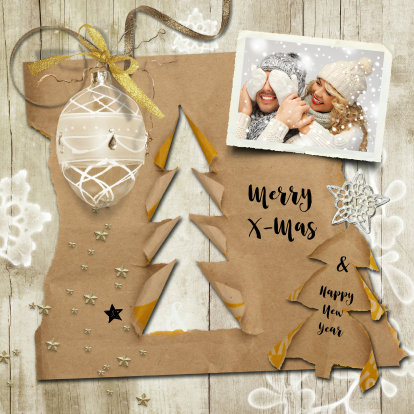 Kerstkaart trendy hout en kraftpapier kerstboompjes - Kerstkaarten Kerstkaarten - Kerstkaart trendy hout en kraftpapier kerstboompjes