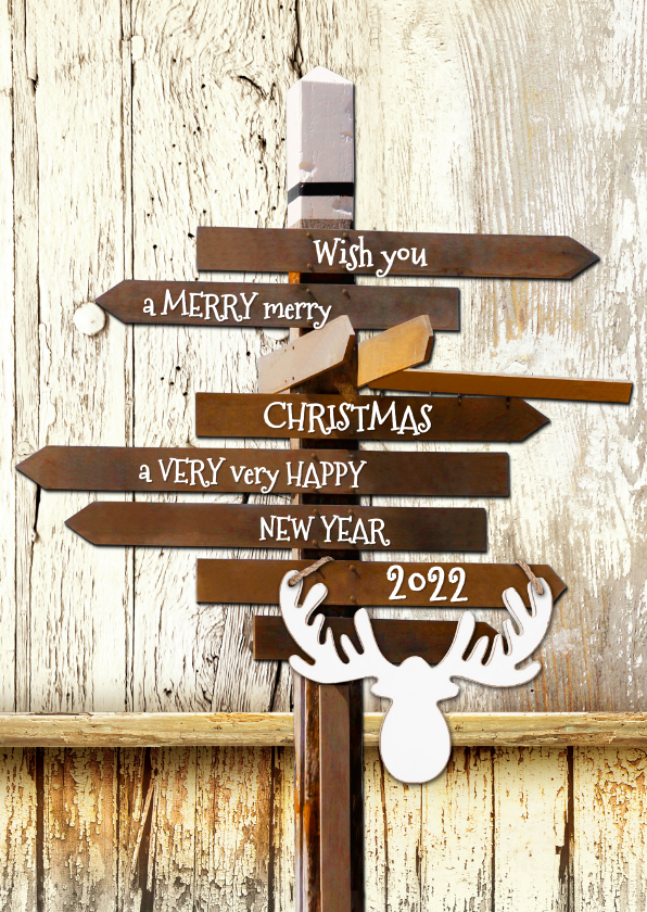 Kerstkaart trendy hout wegwijzer - Kerstkaarten Kerstkaarten - Kerstkaart trendy hout wegwijzer