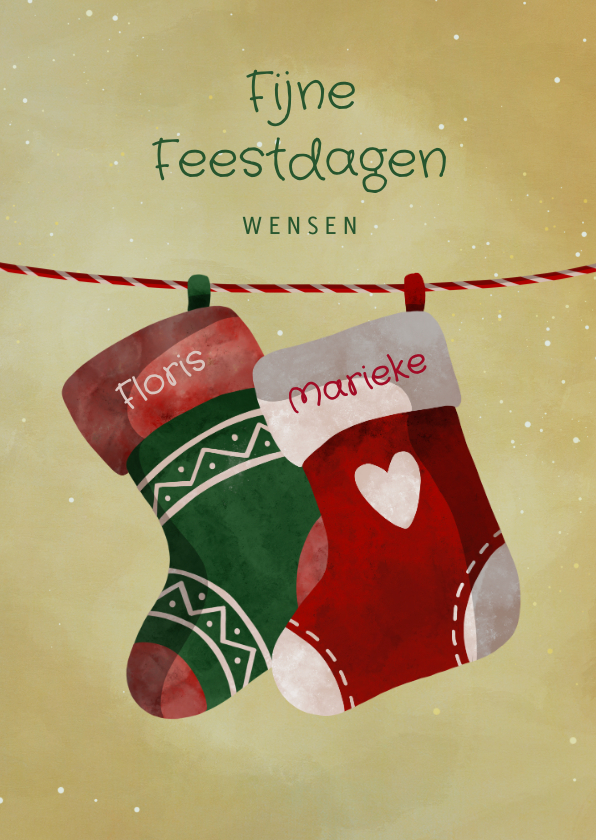 Kerstkaart twee kerstsokken aan touwtje - Kerstkaarten Kerstkaarten - Kerstkaart twee kerstsokken aan touwtje