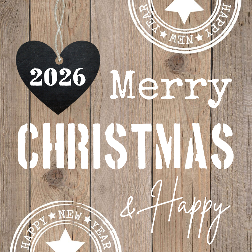 Kerstkaart typografie hartje houtlook - Kerstkaarten Kerstkaarten - Kerstkaart typografie hartje houtlook