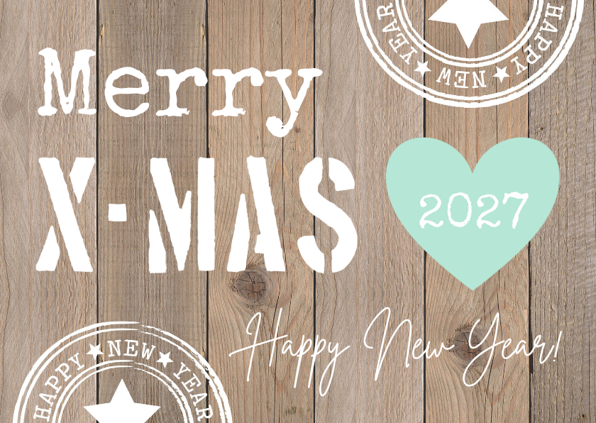 Kerstkaarten - Kerstkaart typografie houtlook hartje mintgroen 2027