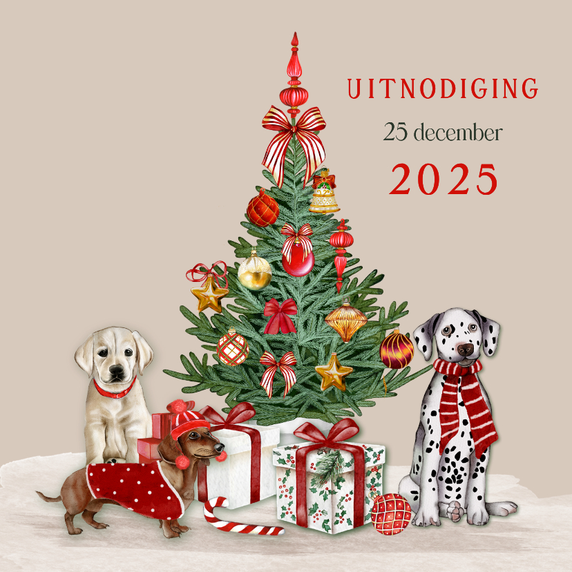 Kerstkaarten - Kerstkaart uitnodiging kerstboom met hondjes