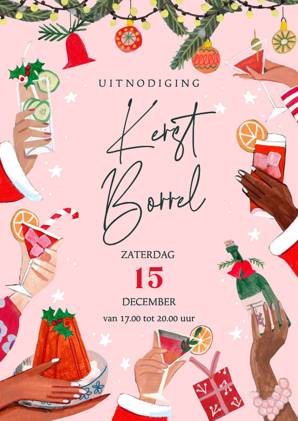 Kerstkaart uitnodiging kerstborrel handen en cocktails - Kerstkaarten Kerstkaarten - Kerstkaart uitnodiging kerstborrel handen en cocktails