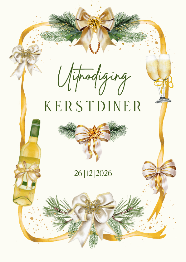Kerstkaarten - Kerstkaart uitnodiging kerstdiner strikken aan lint 