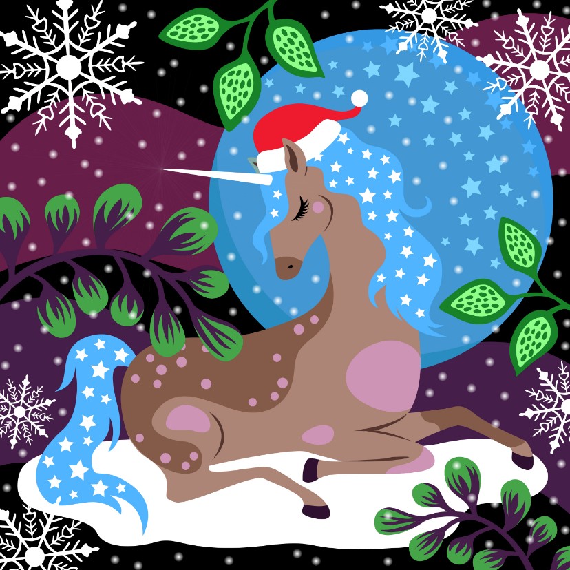 Kerstkaart unicorn en sterren - Kerstkaarten Kerstkaarten - Kerstkaart unicorn en sterren