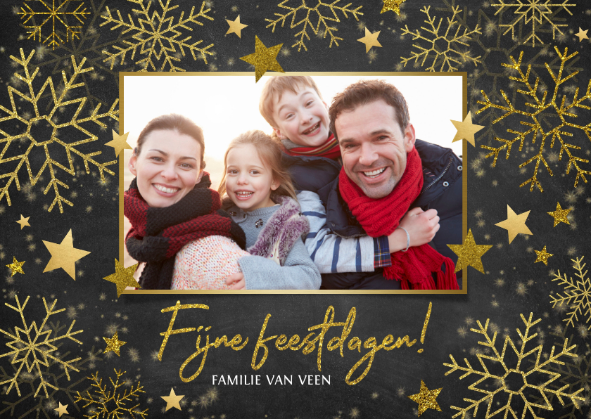 Kerstkaart veel gouden sneeuwvlokken, sterren en foto - Kerstkaarten Kerstkaarten - Kerstkaart veel gouden sneeuwvlokken, sterren en foto