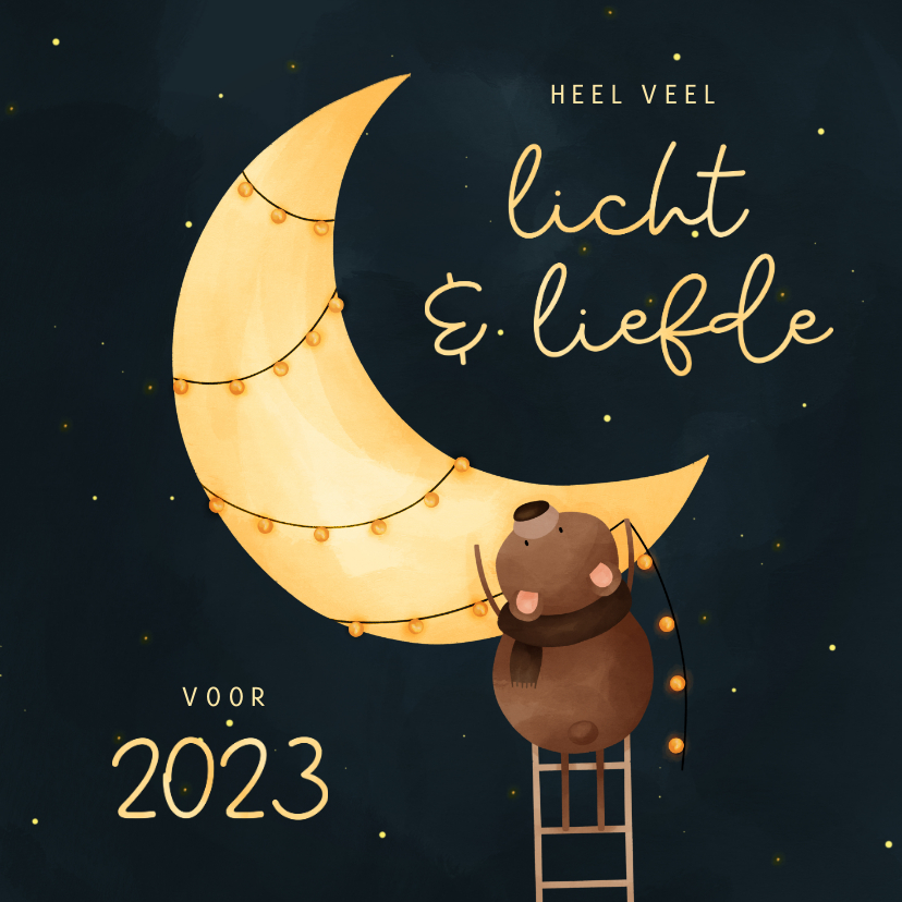 Kerstkaart veel licht & liefde voor 2023 maan met beertje - Kerstkaarten Kerstkaarten - Kerstkaart veel licht & liefde voor 2023 maan met beertje