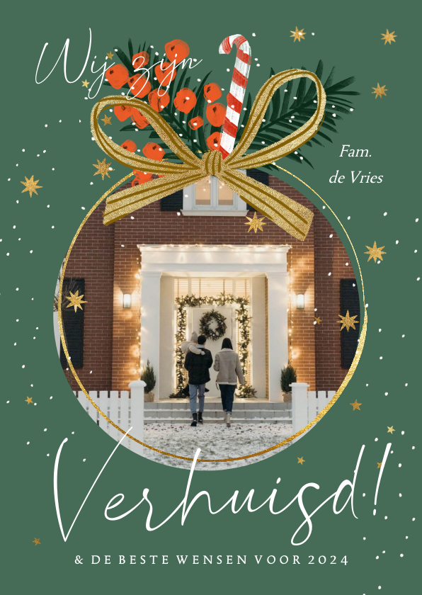Kerstkaart verhuisd kerstbal goud sterren strik kersttak - Kerstkaarten Kerstkaarten - Kerstkaart verhuisd kerstbal goud sterren strik kersttak