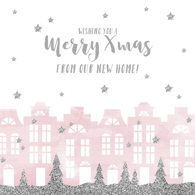 Kerstkaart verhuiskaart huisjes aquarel sterren - Kerstkaarten Kerstkaarten - Kerstkaart verhuiskaart huisjes aquarel sterren