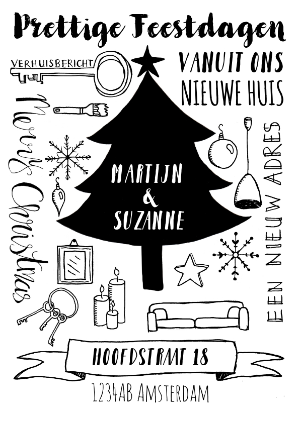 Kerstkaarten - Kerstkaart verhuiskaart zwart-wit handlettering 