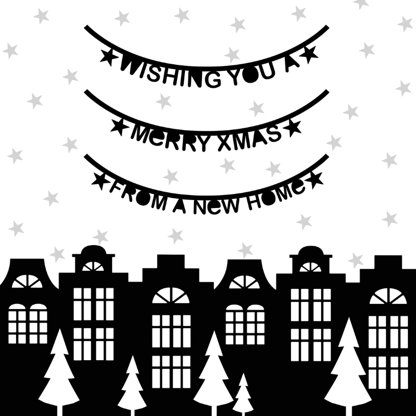 Kerstkaart verhuiskaart zwartwit slingers - Kerstkaarten Kerstkaarten - Kerstkaart verhuiskaart zwartwit slingers