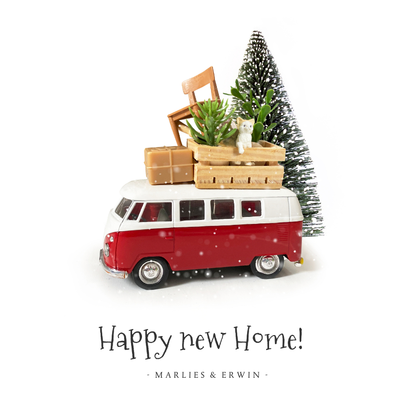 Kerstkaarten - Kerstkaart verhuizen met Volkswagen busje en spullen op dak