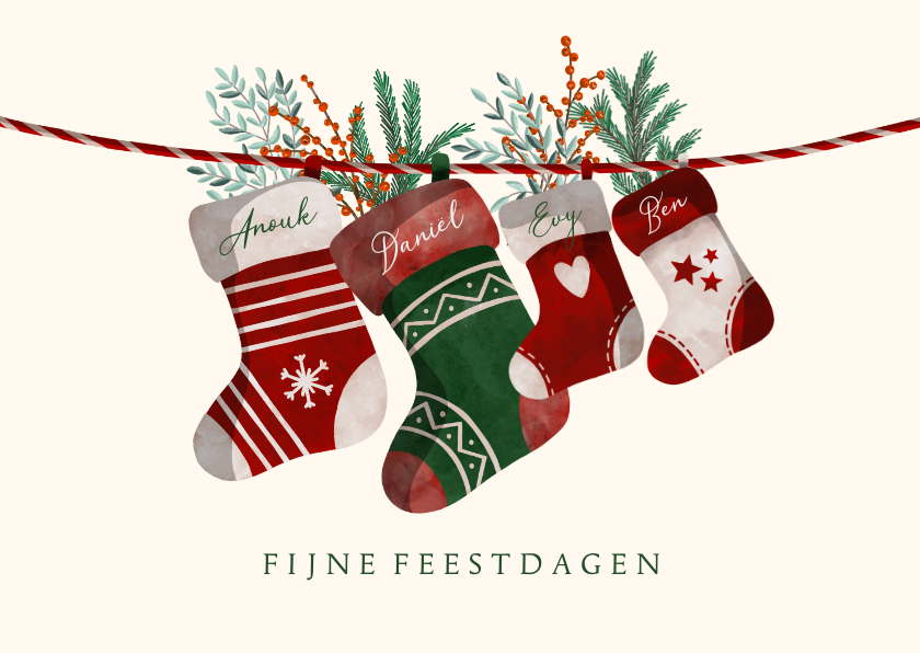 Kerstkaart vier kerstsokken met namen en twijgjes - Kerstkaarten Kerstkaarten - Kerstkaart vier kerstsokken met namen en twijgjes