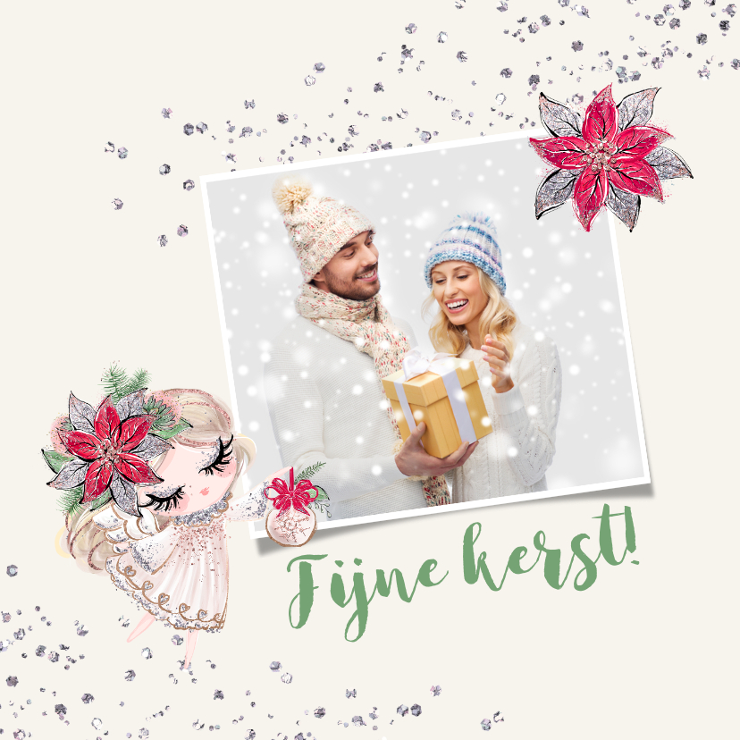 Kerstkaart vierkant engeltje met zilverglitter - Kerstkaarten Kerstkaarten - Kerstkaart vierkant engeltje met zilverglitter
