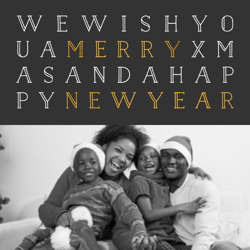 Kerstkaart vierkant met foto en gouden letters - Kerstkaarten Kerstkaarten - Kerstkaart vierkant met foto en gouden letters