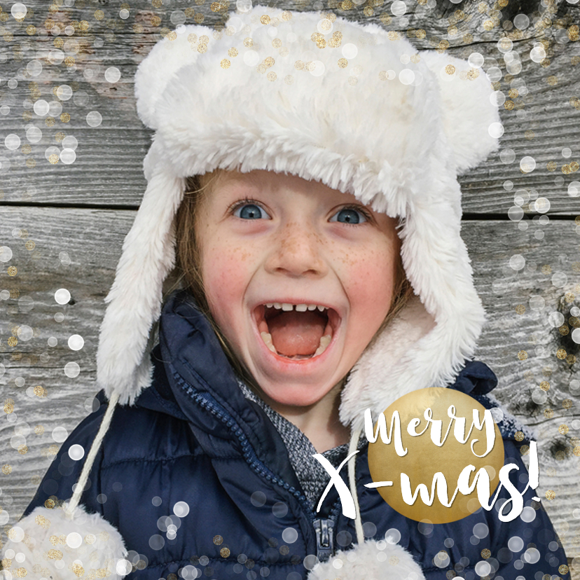 Kerstkaart vierkant met goud en witte confetti en grote foto - Kerstkaarten Kerstkaarten - Kerstkaart vierkant met goud en witte confetti en grote foto