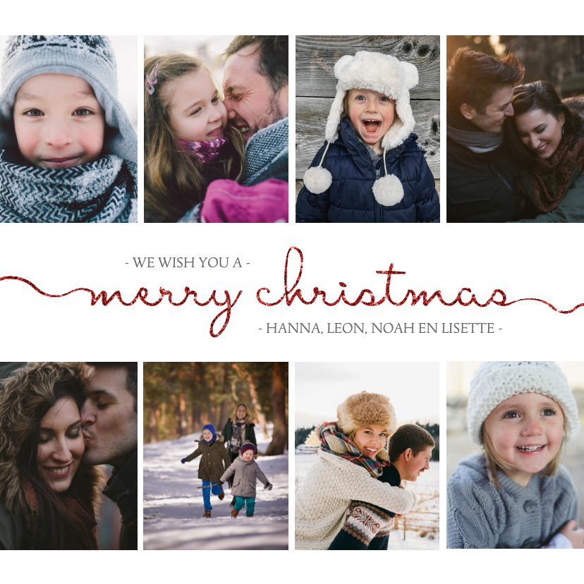 Kerstkaart vierkant met sierlijke letters en foto's - Kerstkaarten Kerstkaarten - Kerstkaart vierkant met sierlijke letters en foto's