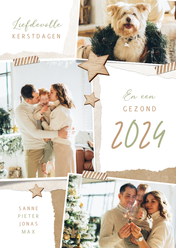 Kerstkaart vintage hout papier sterren fotocollage - Kerstkaarten Kerstkaarten - Kerstkaart vintage hout papier sterren fotocollage