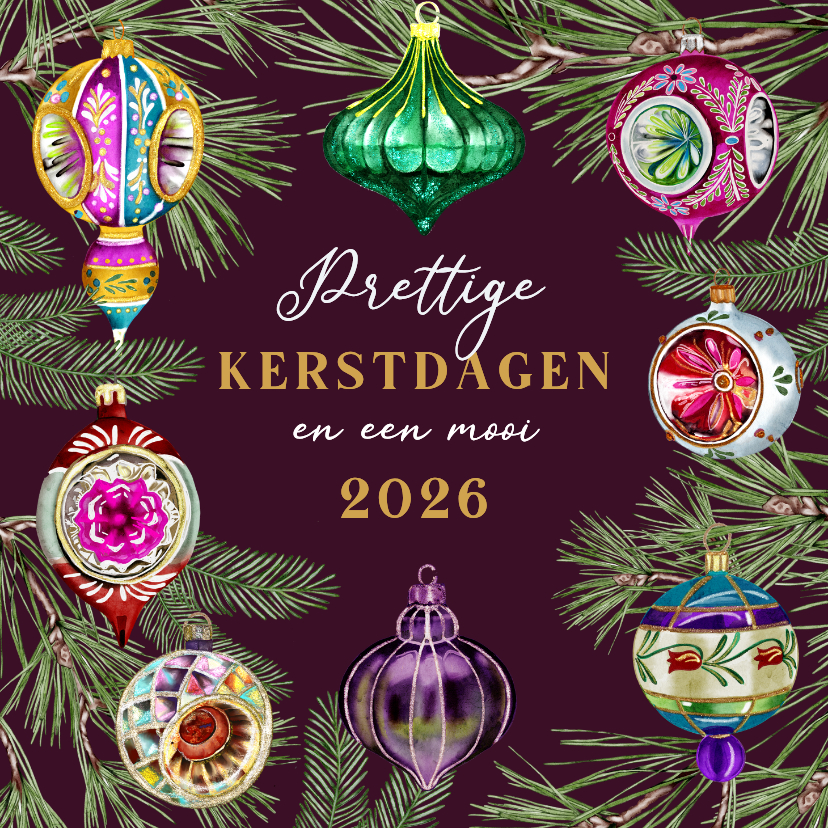 Kerstkaarten - Kerstkaart vintage kerstballen dennentakken
