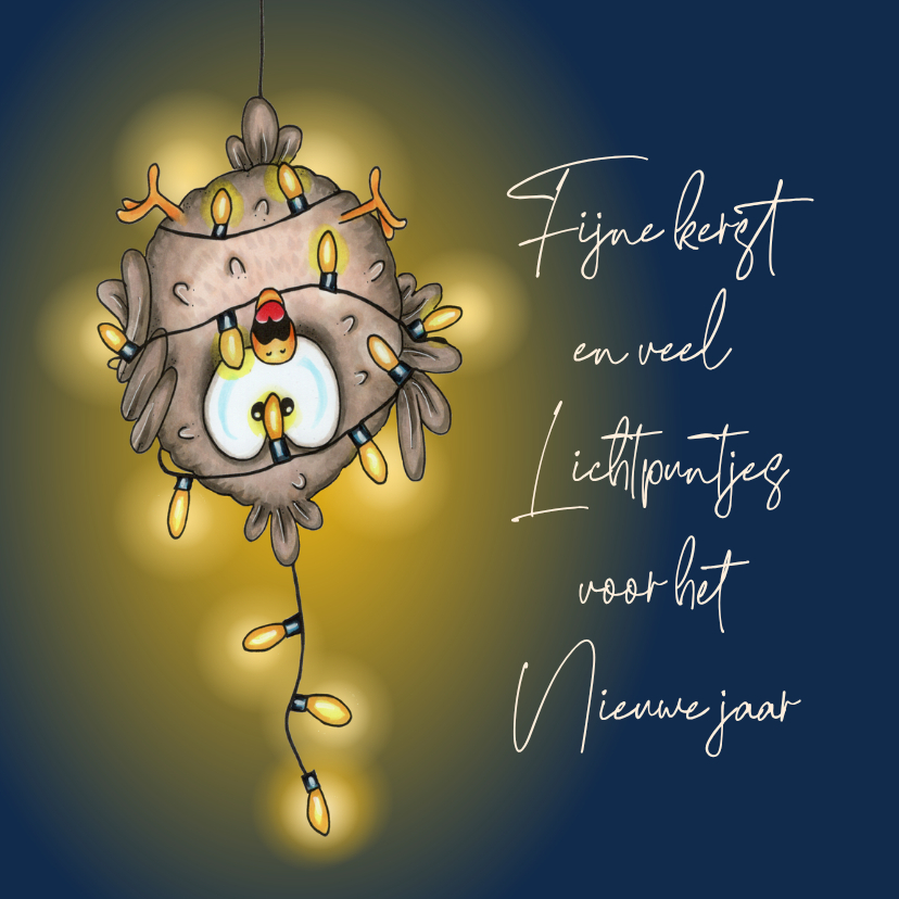 Kerstkaart vogel in lichtsnoer gevangen - Kerstkaarten Kerstkaarten - Kerstkaart vogel in lichtsnoer gevangen