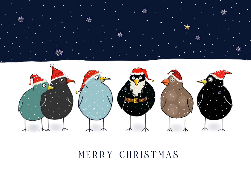 Kerstkaart vogels met kerstmuts en baard in de sneeuw - Kerstkaarten Kerstkaarten - Kerstkaart vogels met kerstmuts en baard in de sneeuw