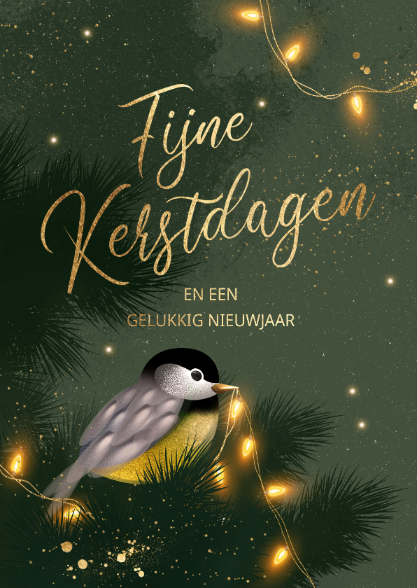 Kerstkaarten - Kerstkaart vogeltje kerst lichtjes