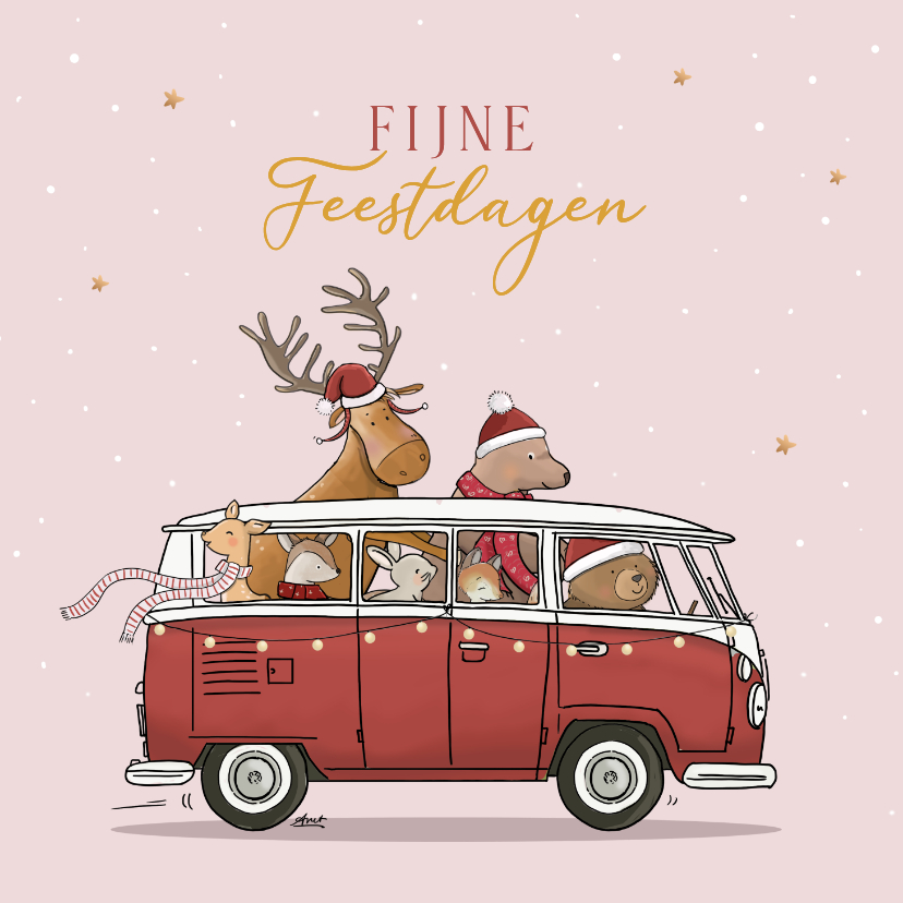 Kerstkaart Volkswagen busje met bosdieren - Kerstkaarten Kerstkaarten - Kerstkaart Volkswagen busje met bosdieren