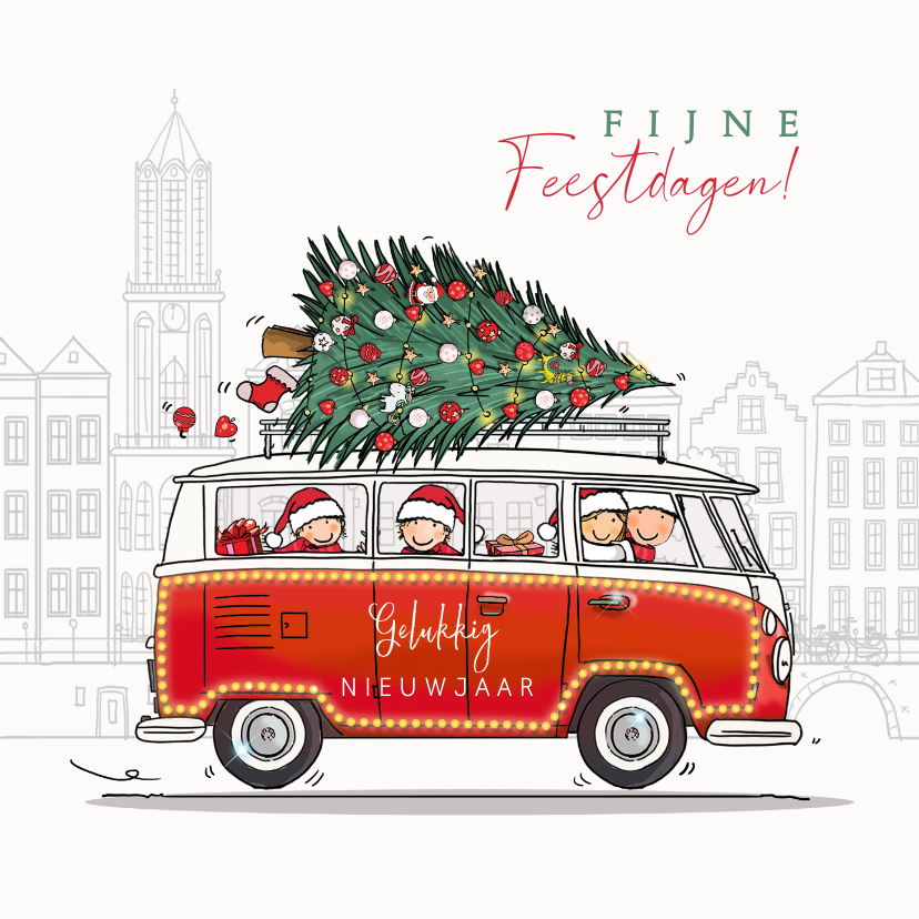 Kerstkaart volkswagen busje rood met gezin - Kerstkaarten Kerstkaarten - Kerstkaart volkswagen busje rood met gezin