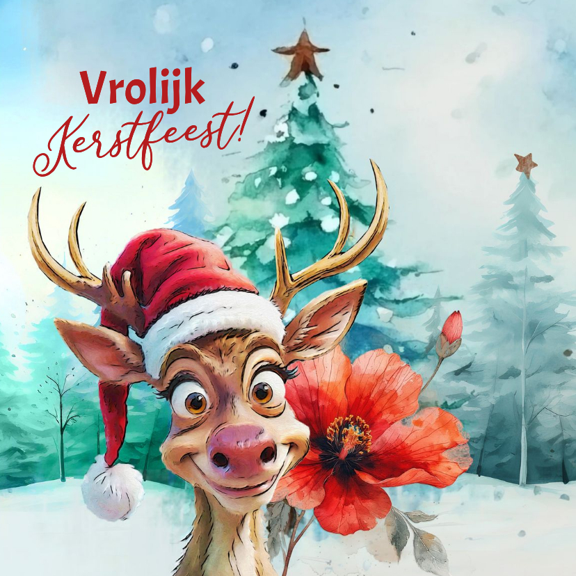 Kerstkaarten - Kerstkaart vrolijk hertje kerstroos