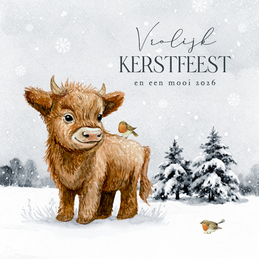 Kerstkaarten - Kerstkaart vrolijk kerstfeest schotse hooglander roodborstje