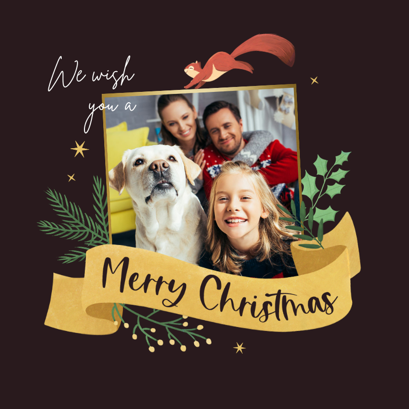 Kerstkaart vrolijk merry christmas eekhoorn uil foto - Kerstkaarten Kerstkaarten - Kerstkaart vrolijk merry christmas eekhoorn uil foto