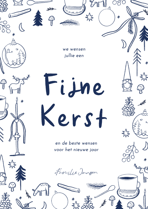 Kerstkaart vrolijke blauwe tekeningen fijne kerst - Kerstkaarten Kerstkaarten - Kerstkaart vrolijke blauwe tekeningen fijne kerst