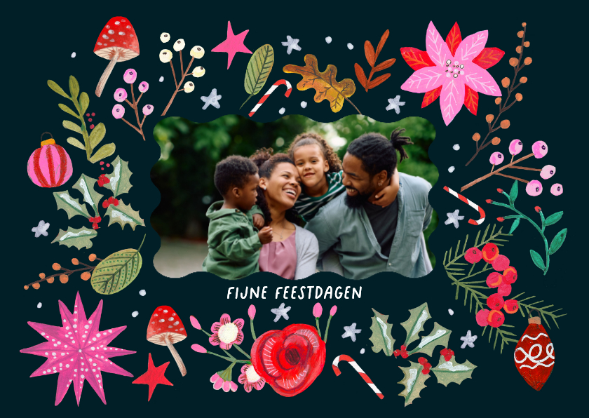 Kerstkaarten - Kerstkaart vrolijke bloemen modern roze