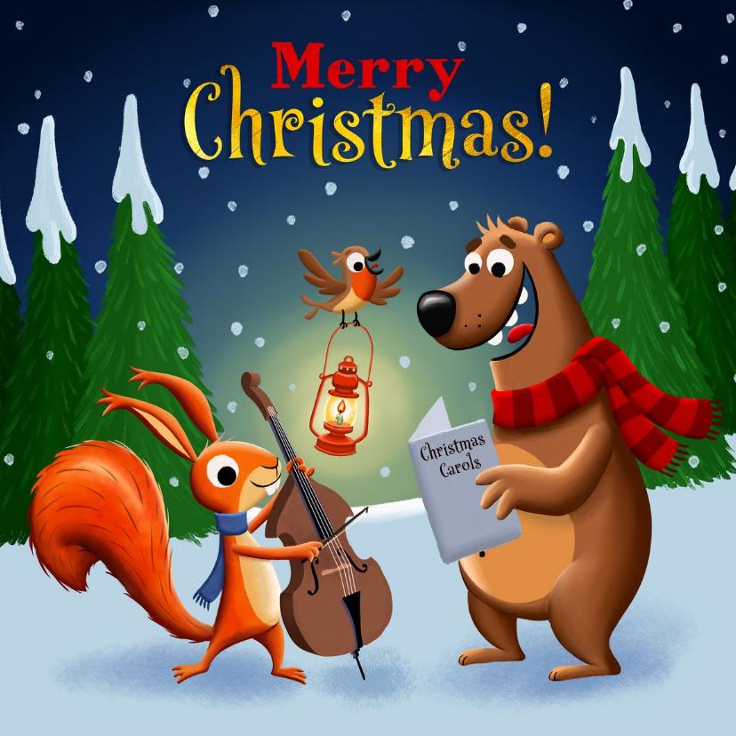 Kerstkaart vrolijke bosdieren zingen kerstliedjes! - Kerstkaarten Kerstkaarten - Kerstkaart vrolijke bosdieren zingen kerstliedjes!