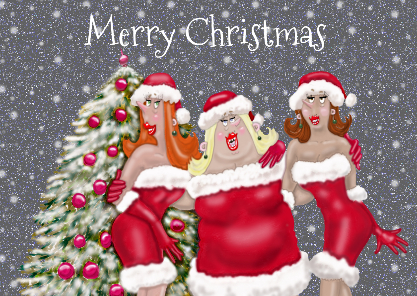 Kerstkaart Vrolijke dames met kerstmuts - Kerstkaarten Kerstkaarten - Kerstkaart Vrolijke dames met kerstmuts