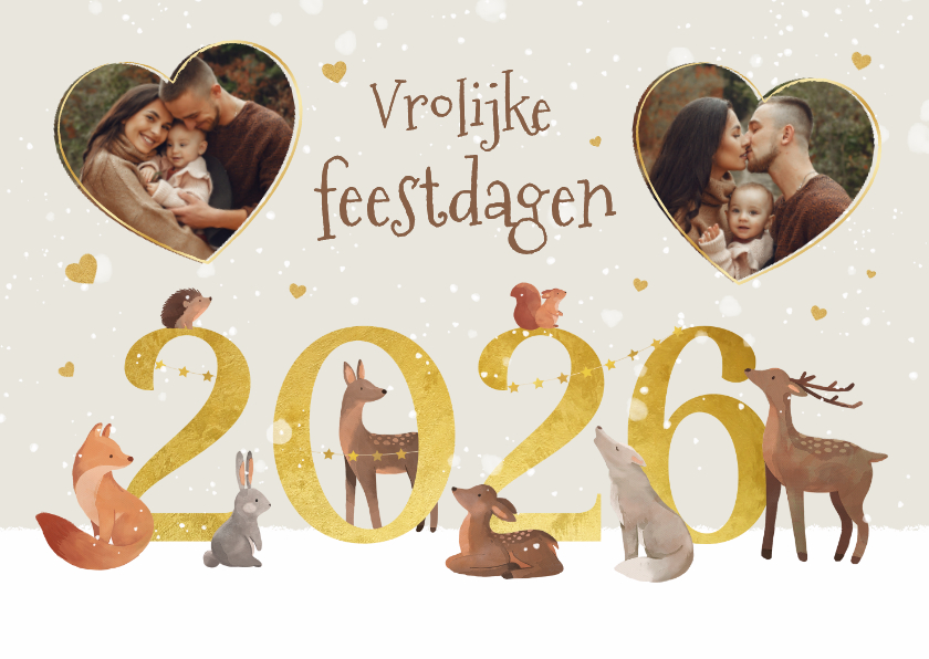 Kerstkaart vrolijke dieren 2026 jaartal liefde hartjes - Kerstkaarten Kerstkaarten - Kerstkaart vrolijke dieren 2026 jaartal liefde hartjes